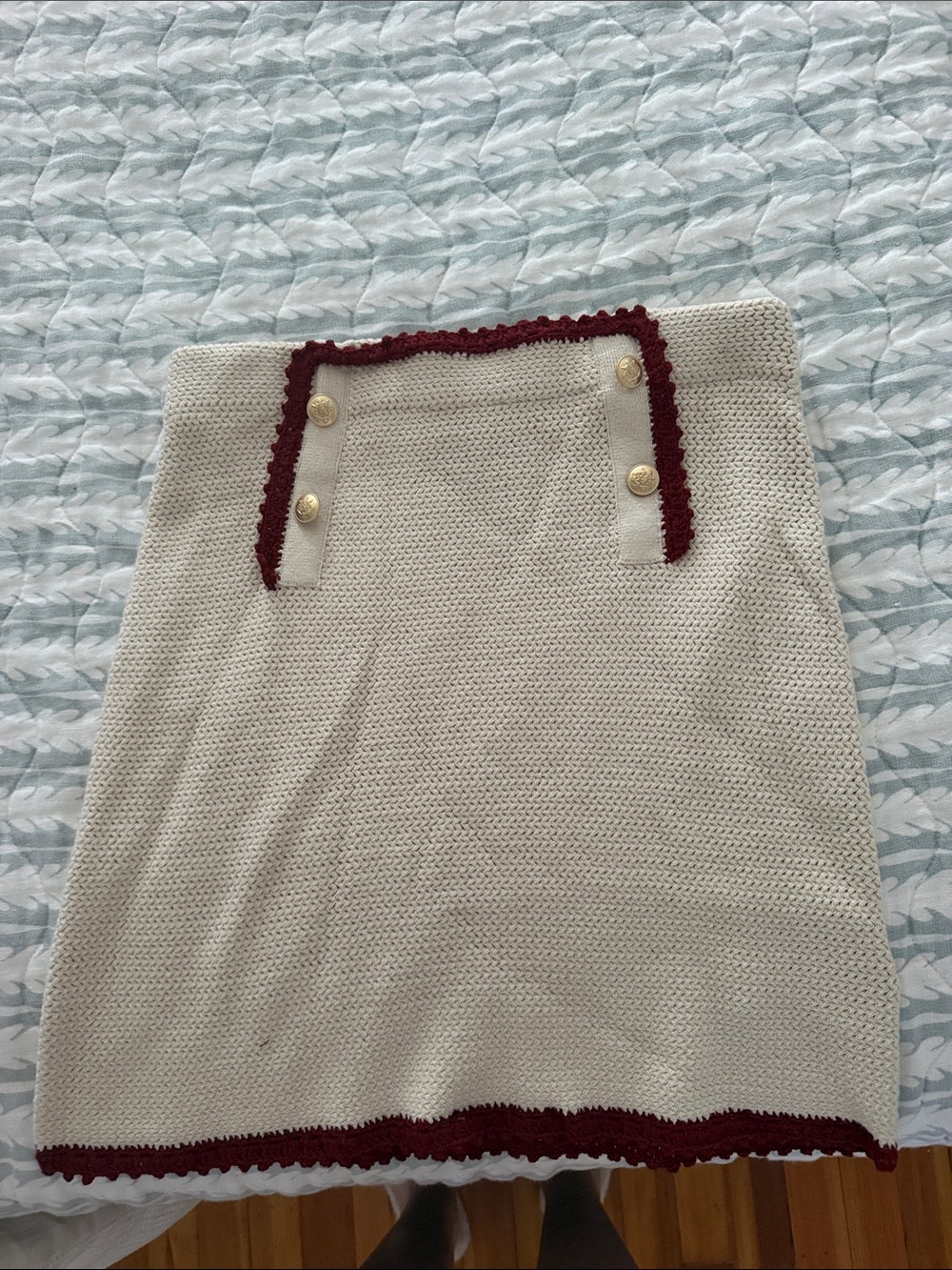 J. Crew Cream Knit Pencil Skirt with Burgundy Trim
